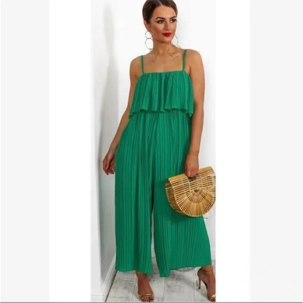 Talia Benson Green Pleated Spaghetti Strap Flutter Wide Leg Jumpsuit Size XL
